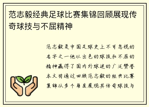 范志毅经典足球比赛集锦回顾展现传奇球技与不屈精神