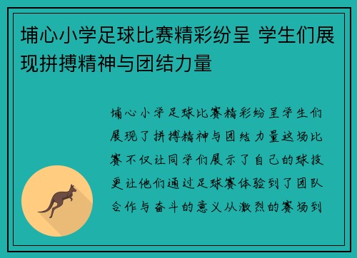 埔心小学足球比赛精彩纷呈 学生们展现拼搏精神与团结力量