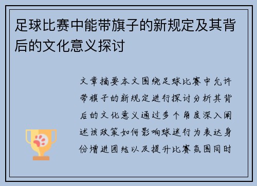 足球比赛中能带旗子的新规定及其背后的文化意义探讨