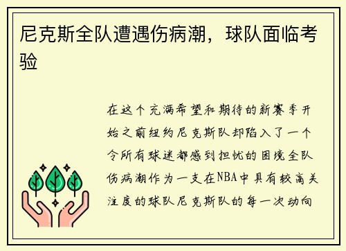 尼克斯全队遭遇伤病潮，球队面临考验