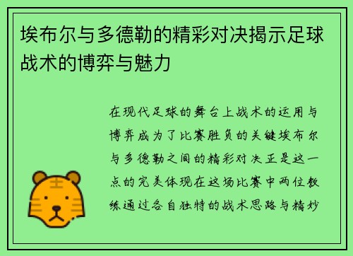 埃布尔与多德勒的精彩对决揭示足球战术的博弈与魅力