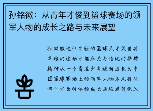 孙铭徽：从青年才俊到篮球赛场的领军人物的成长之路与未来展望