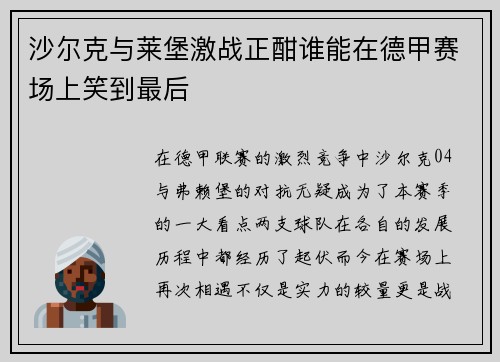 沙尔克与莱堡激战正酣谁能在德甲赛场上笑到最后
