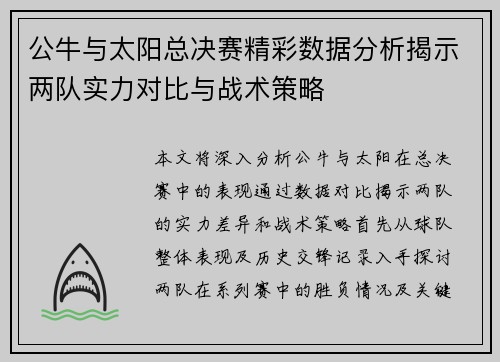 公牛与太阳总决赛精彩数据分析揭示两队实力对比与战术策略