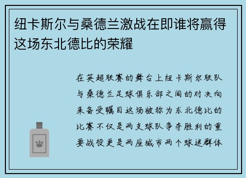 纽卡斯尔与桑德兰激战在即谁将赢得这场东北德比的荣耀