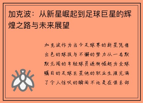 加克波：从新星崛起到足球巨星的辉煌之路与未来展望