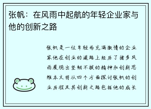 张帆：在风雨中起航的年轻企业家与他的创新之路