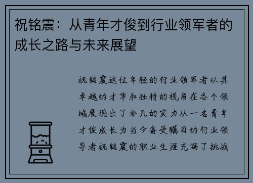 祝铭震：从青年才俊到行业领军者的成长之路与未来展望