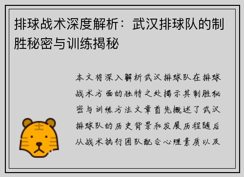 排球战术深度解析：武汉排球队的制胜秘密与训练揭秘