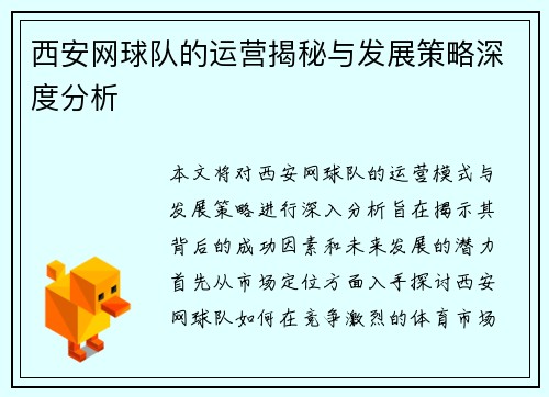 西安网球队的运营揭秘与发展策略深度分析